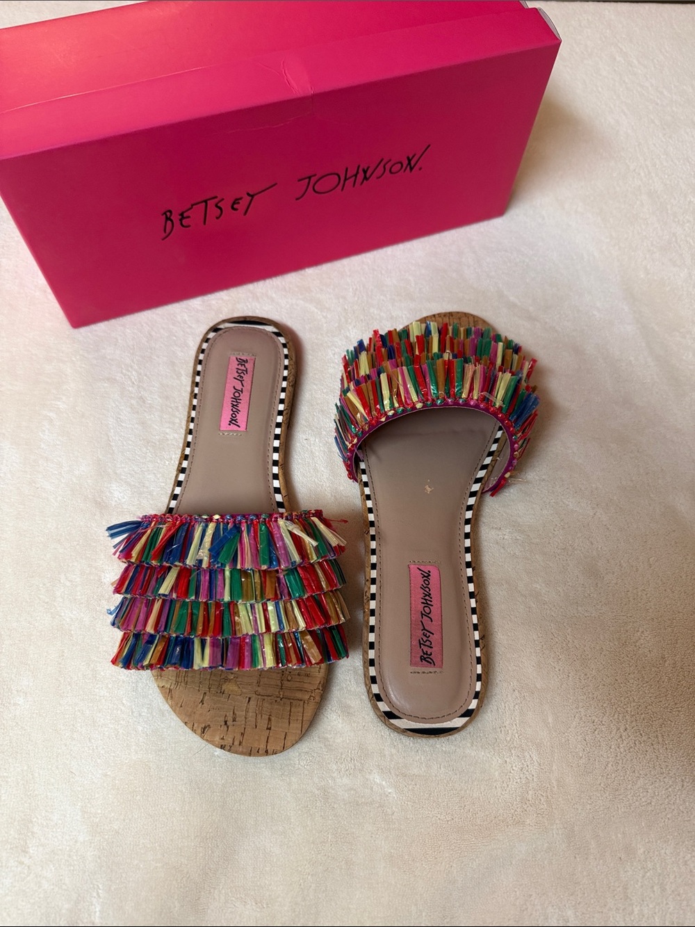 Betsey Johnson Multicolor Fringe Cork Slide Sandals